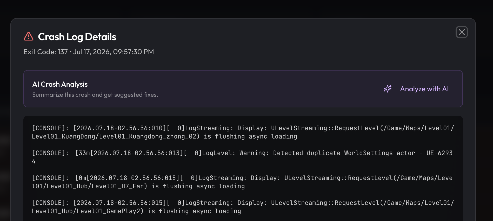 Marion crash log details with Analyze with AI