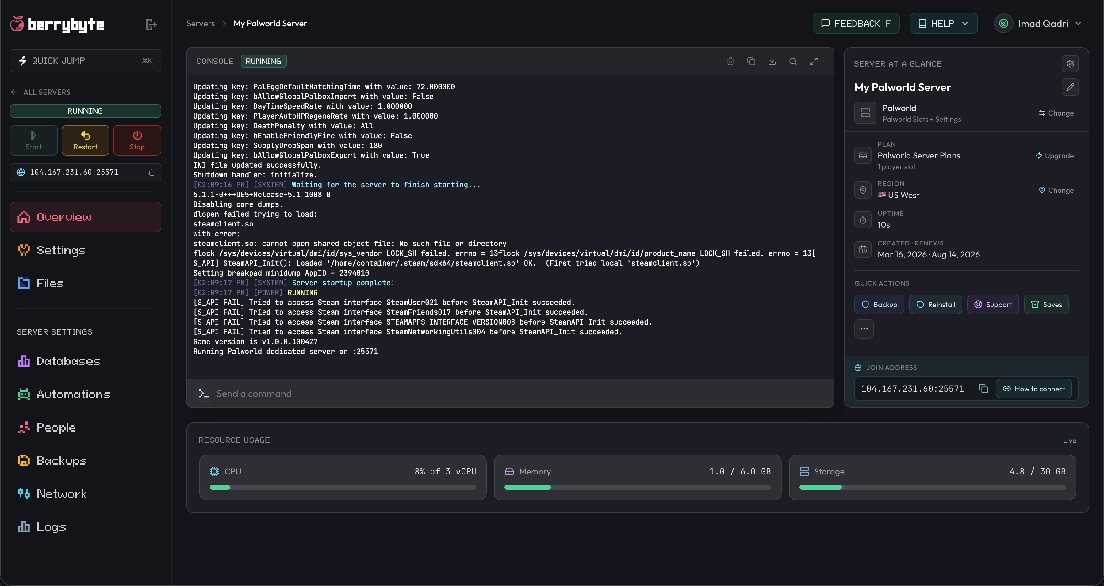 Marion server overview screen